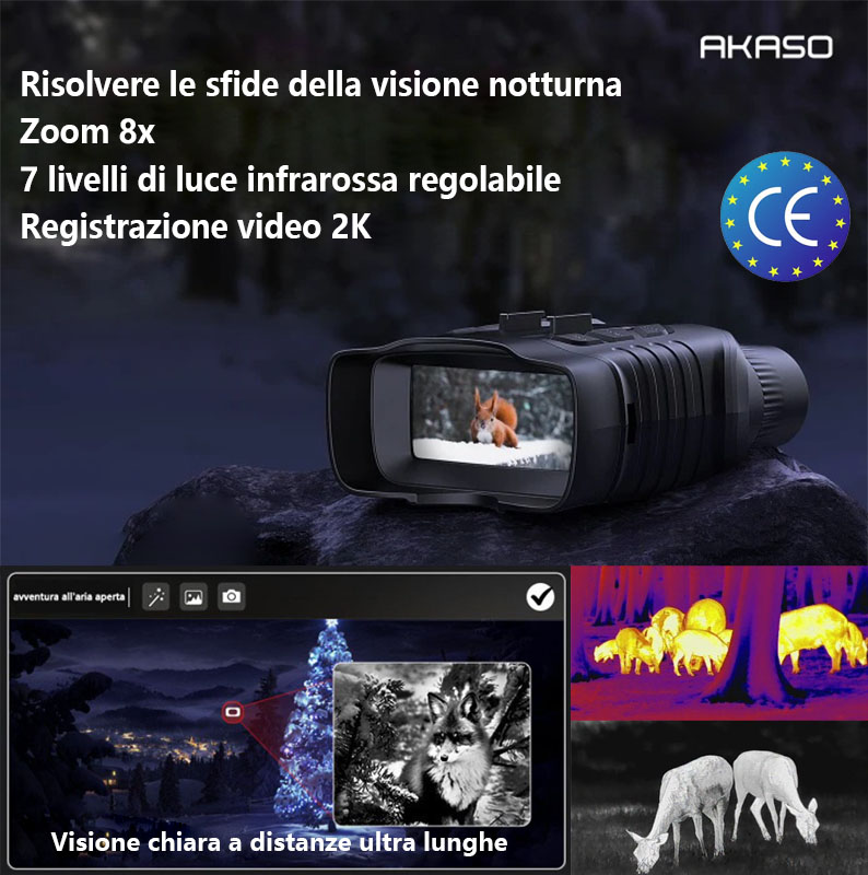 Dispositivo di visione notturna a infrarossi AKASO Seemor (registrazione 2K, zoom ottico 8x, luminoso come il giorno, rivestimento antiriflesso a infrarossi ad alta definizione, memoria 128G)