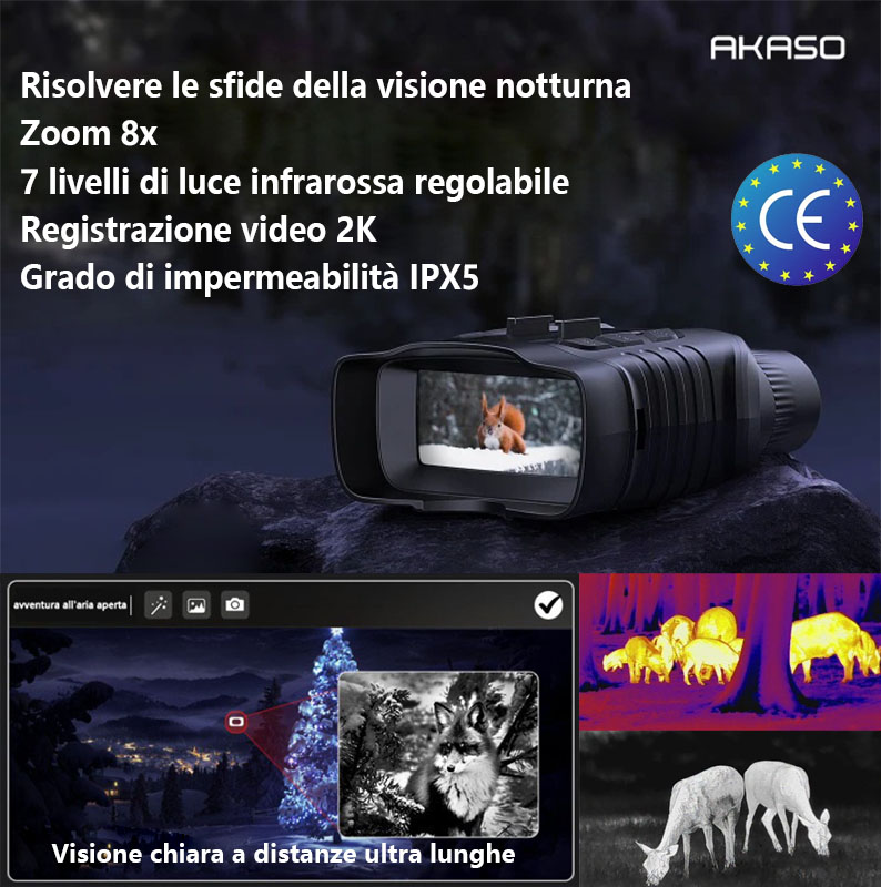 Dispositivo di visione notturna a infrarossi AKASO Seemor (registrazione 2K, zoom ottico 8x, luminoso come il giorno, rivestimento antiriflesso a infrarossi ad alta definizione, memoria 256G, impermeabile IPX5)